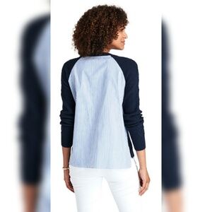 Nordstrom Navy Crewneck Mixed Media Sweater with Striped Shirting Back